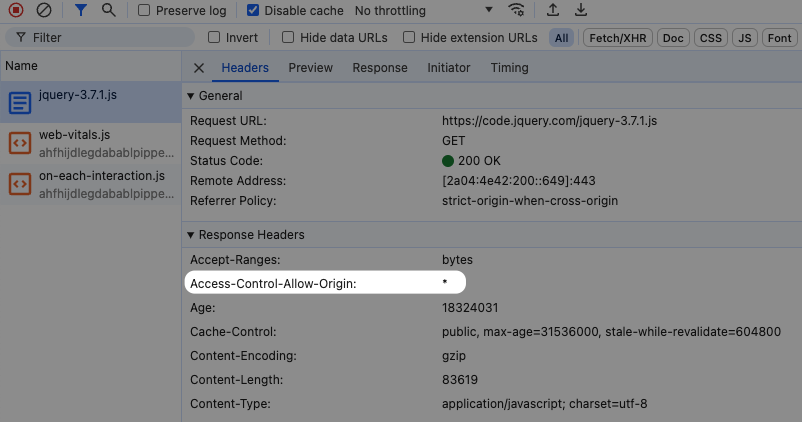 Chrome DevTools showing HTTP response headers