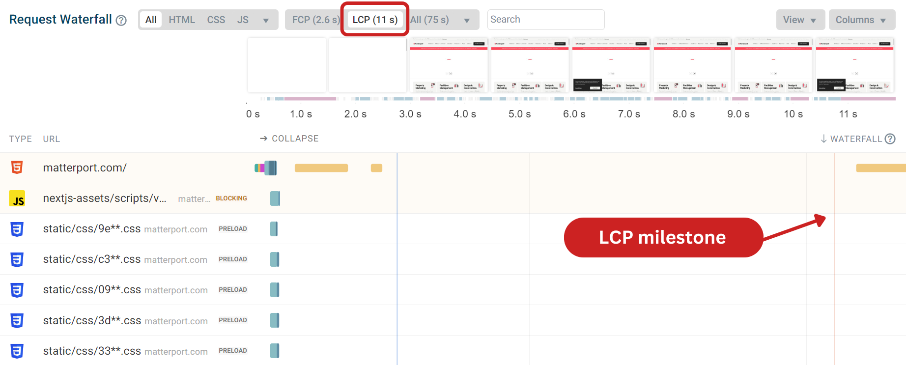 Request waterfall highlighting the LCP milestone and film strip for the page