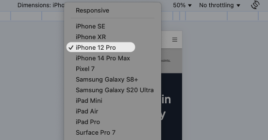 Device dropdown in Chrome device mode