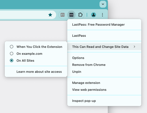 Chrome extension permissions menu