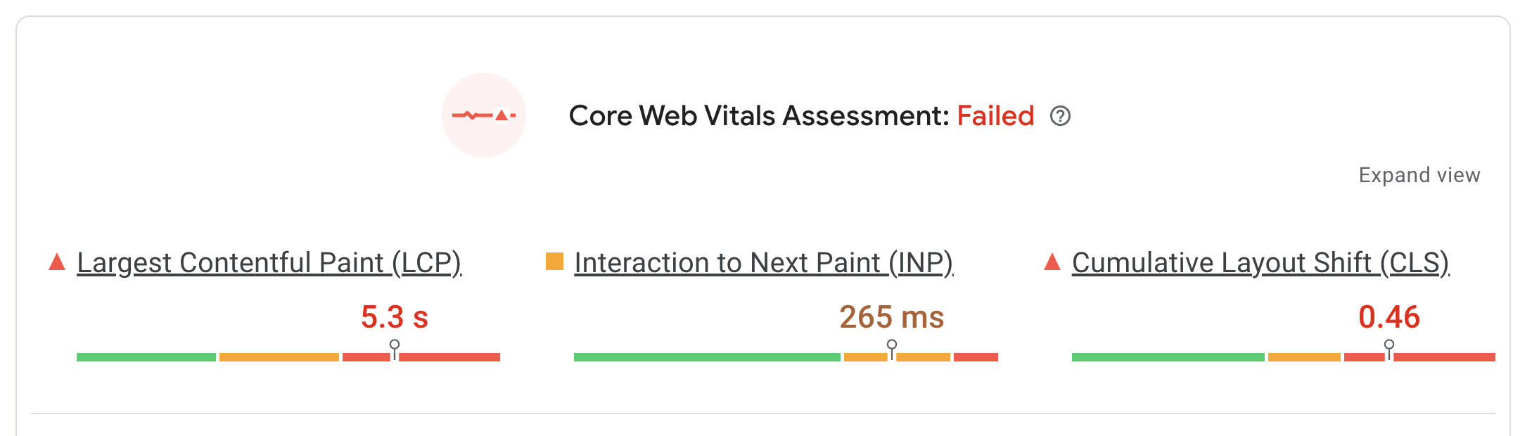 PageSpeed Insights Core Web Vitals assessment failed