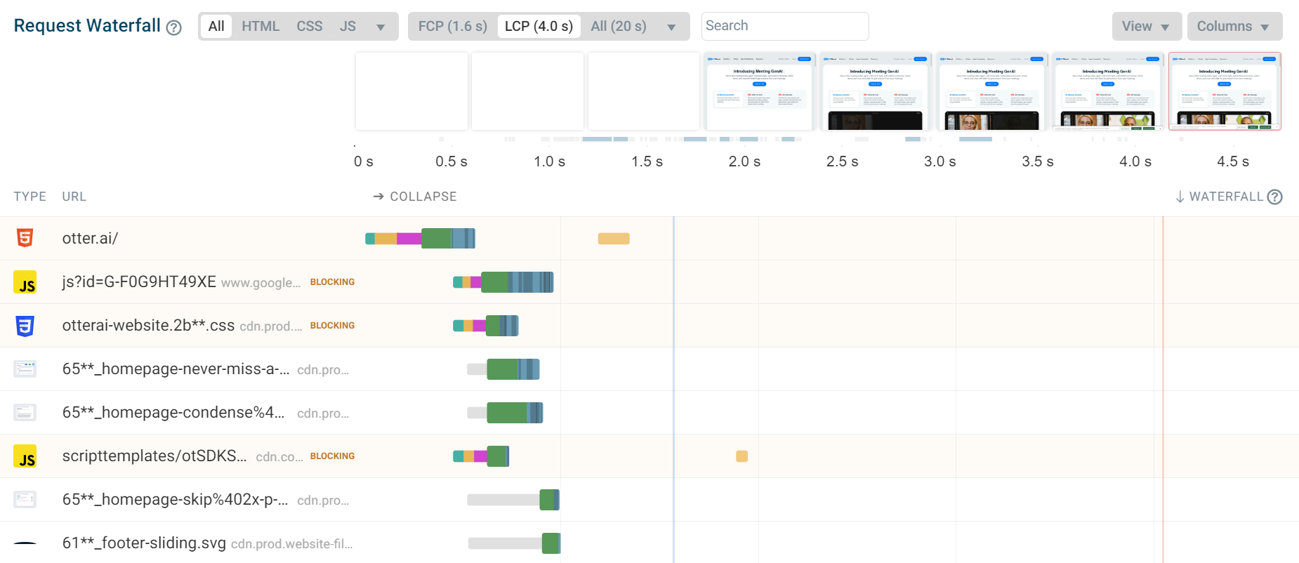 FCP and LCP metrics in filmstrip