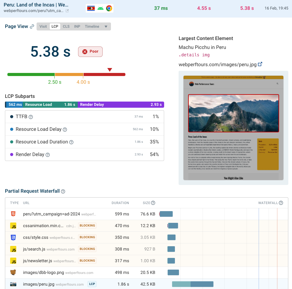 Page view data in real user monitoring