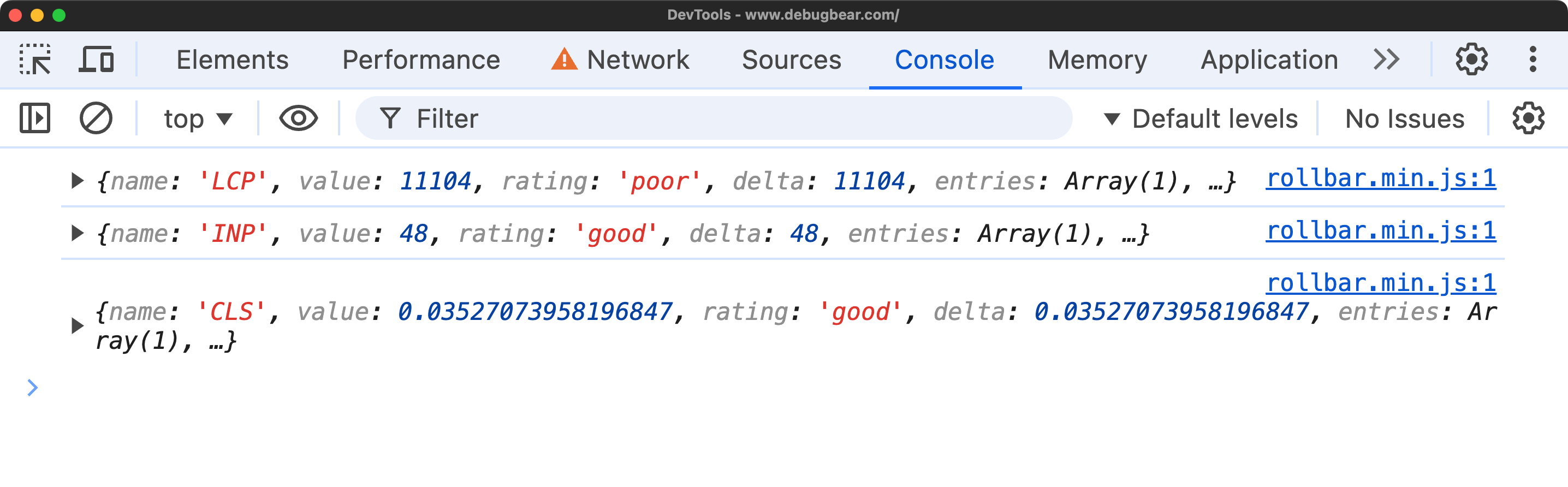 Web Vitals console output