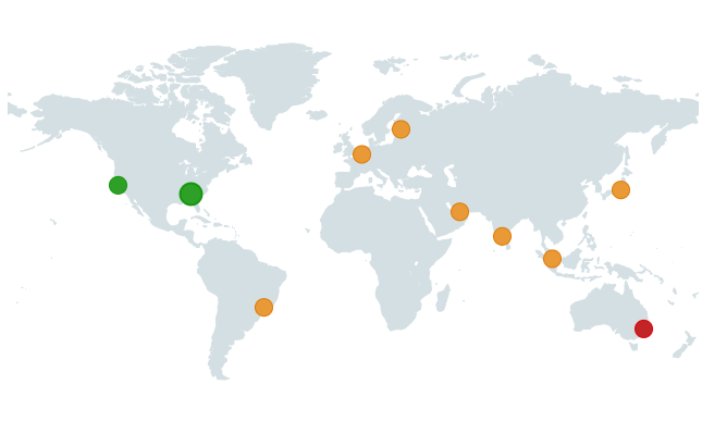 Map showing server response time in across the world