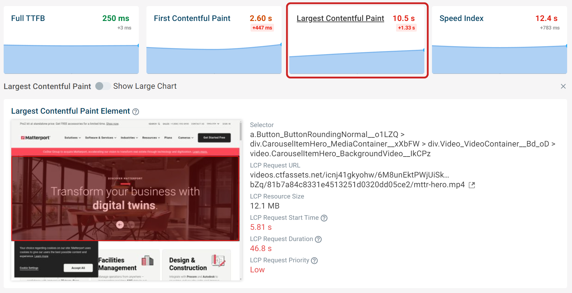 Example page with a video element that has an LCP score of 10.5 seconds