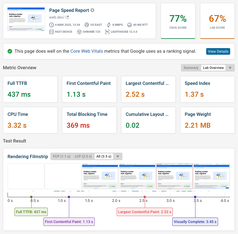 DebugBear website speed test result