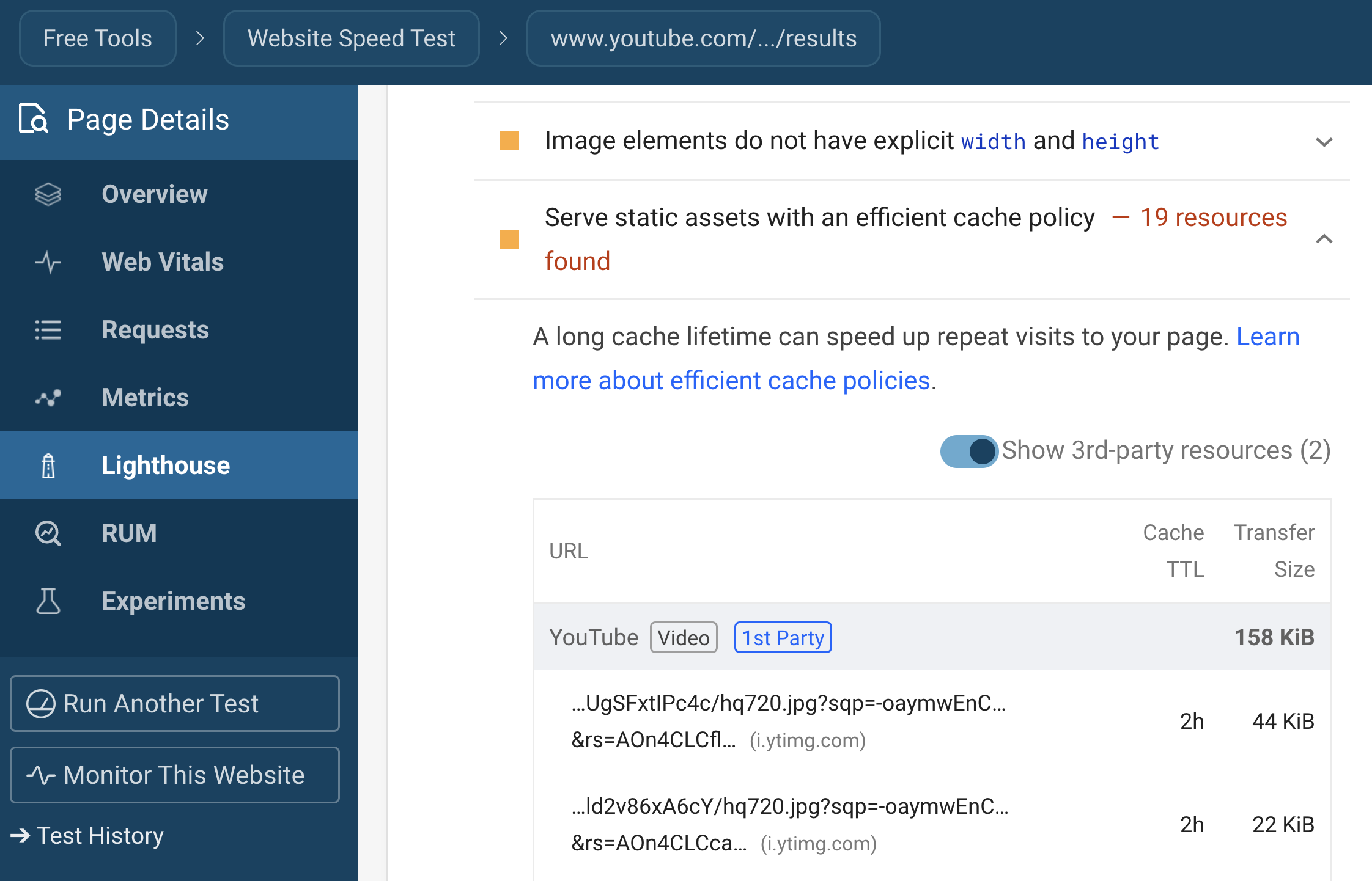 Example of DebugBear Lighthouse cache policy audit