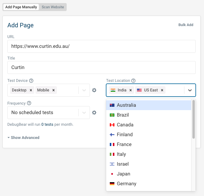 Select test location for synthetic test