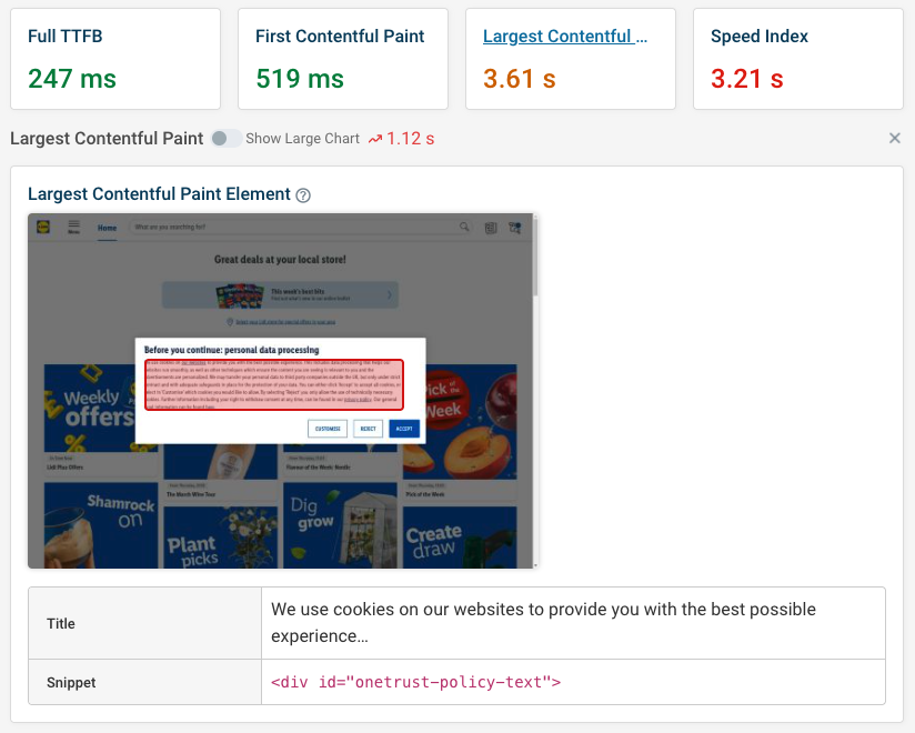 Page speed test result showing a cookie banner as the LCP element