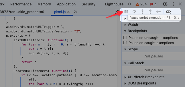 Pause script execution button in Chrome