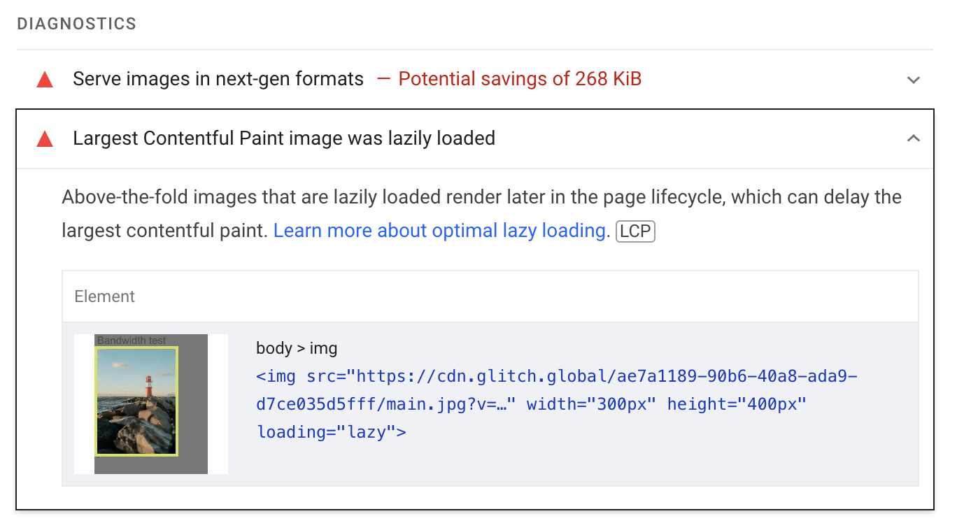 Lazy loaded LCP image reported in Lighthouse