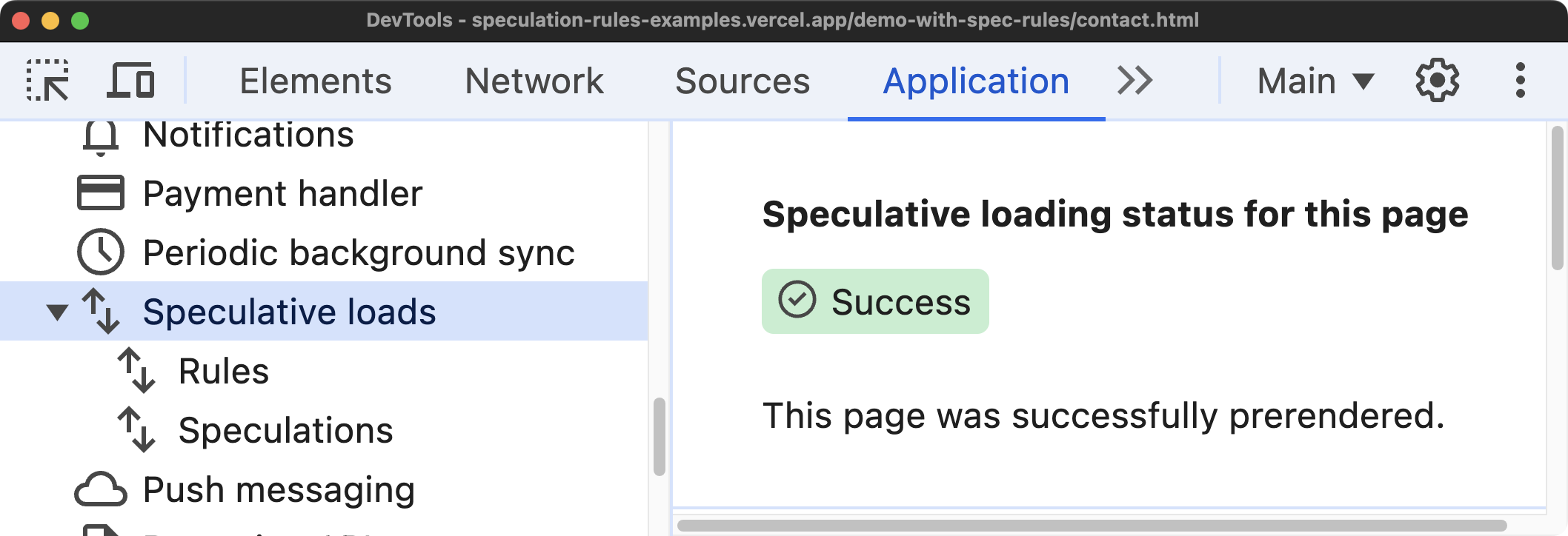 Speculative loading status in the Application panel