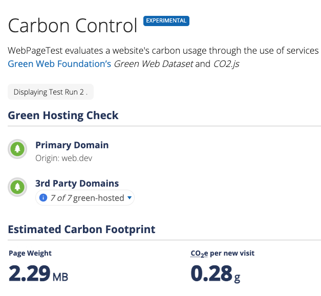 WebPageTest carbon control