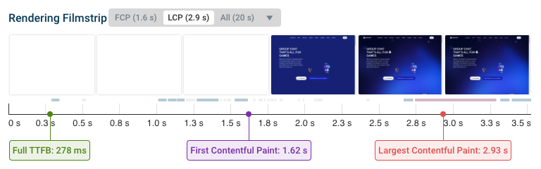 Rendering filmstrip showing how a website loads