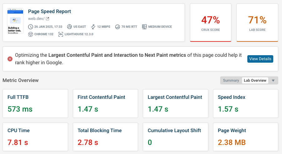 Page speed test result with LCP issue