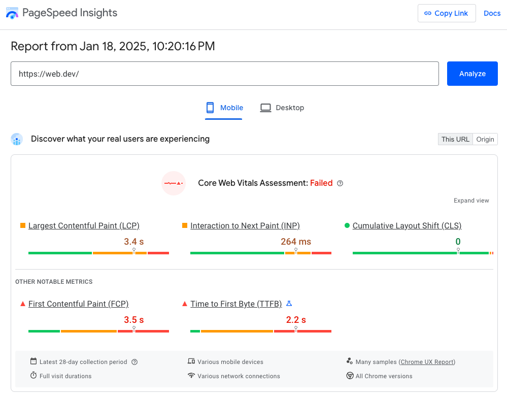 PageSpeed Insights metrics