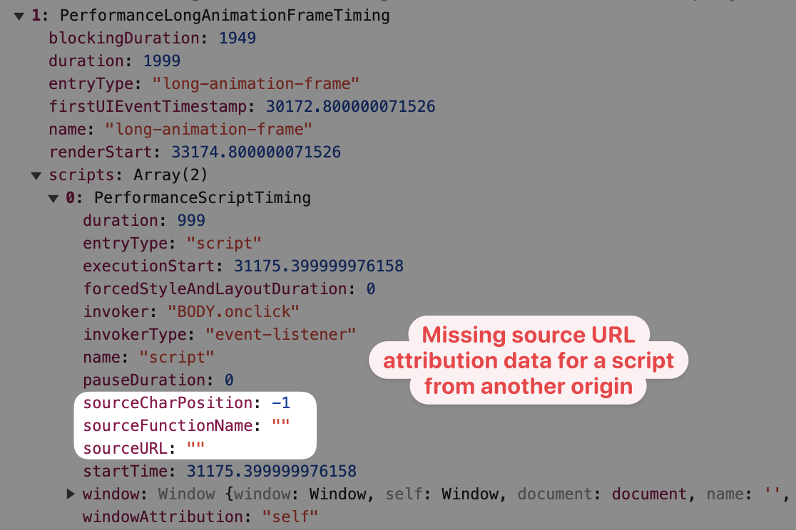 Long Animation Frame data in the DevTools console with missing source URL